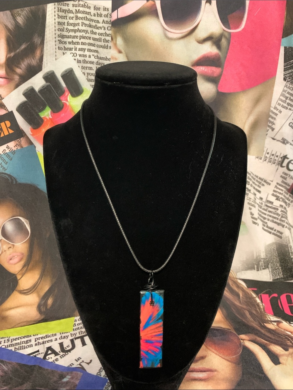 Colorful Rectangular Pendant Necklace - Blue & Pink Abstract